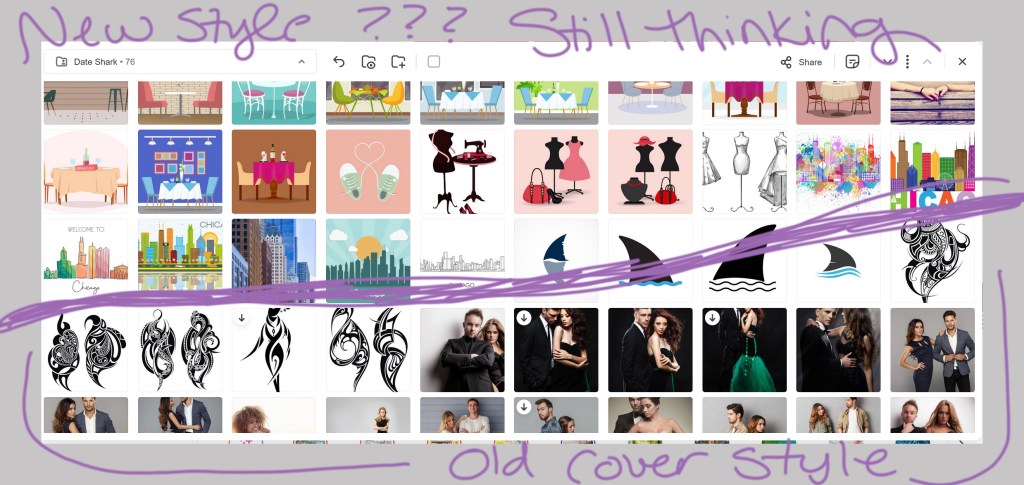 A visual comparison of how I am rethinking the cover design concept for the Date Shark series